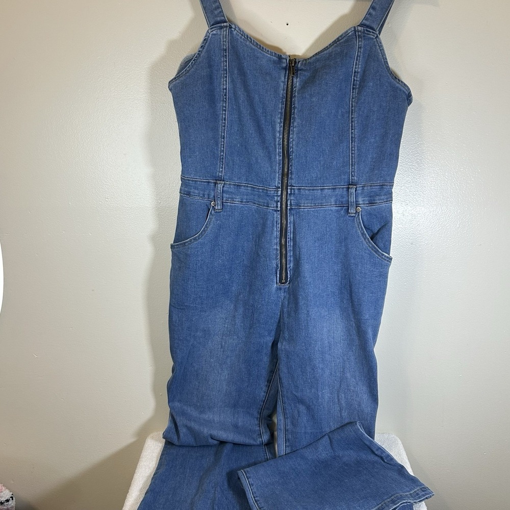 Pink Lily Blue Denim Flared Jumpsuit Zip Front Pockets Sleeveless L Retro 60's
